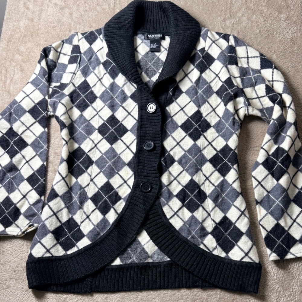 Clothes by Revue Womens 100% Wool Argyle Cardigan S Preppy Dark Academia Chic